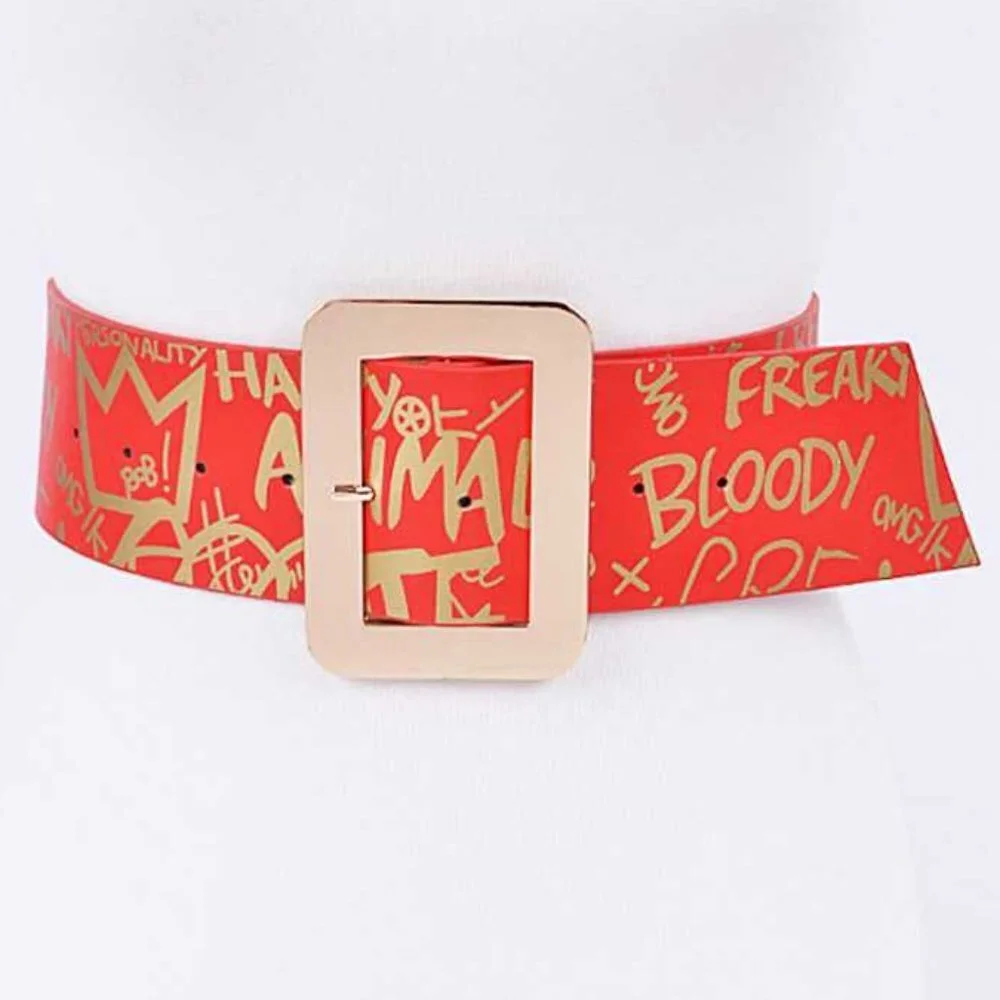 J. ELISE BOUTIQUE Red Gold Wide Buckle Graffiti Printed Fashion Statement Belt